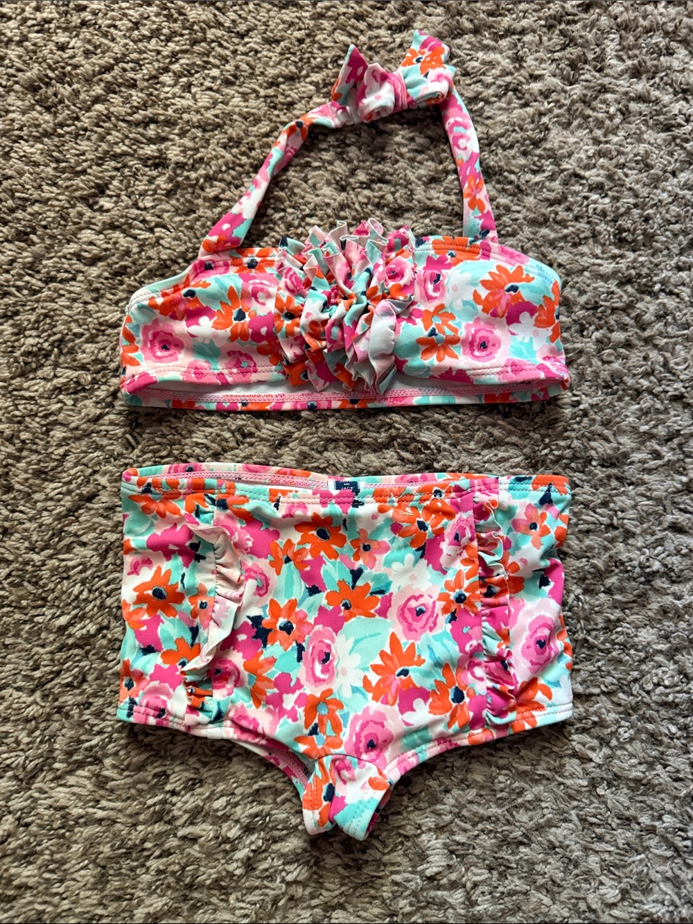 Janie and Jack Pink, Aqua & Orange Floral Ruffle Bikini Set